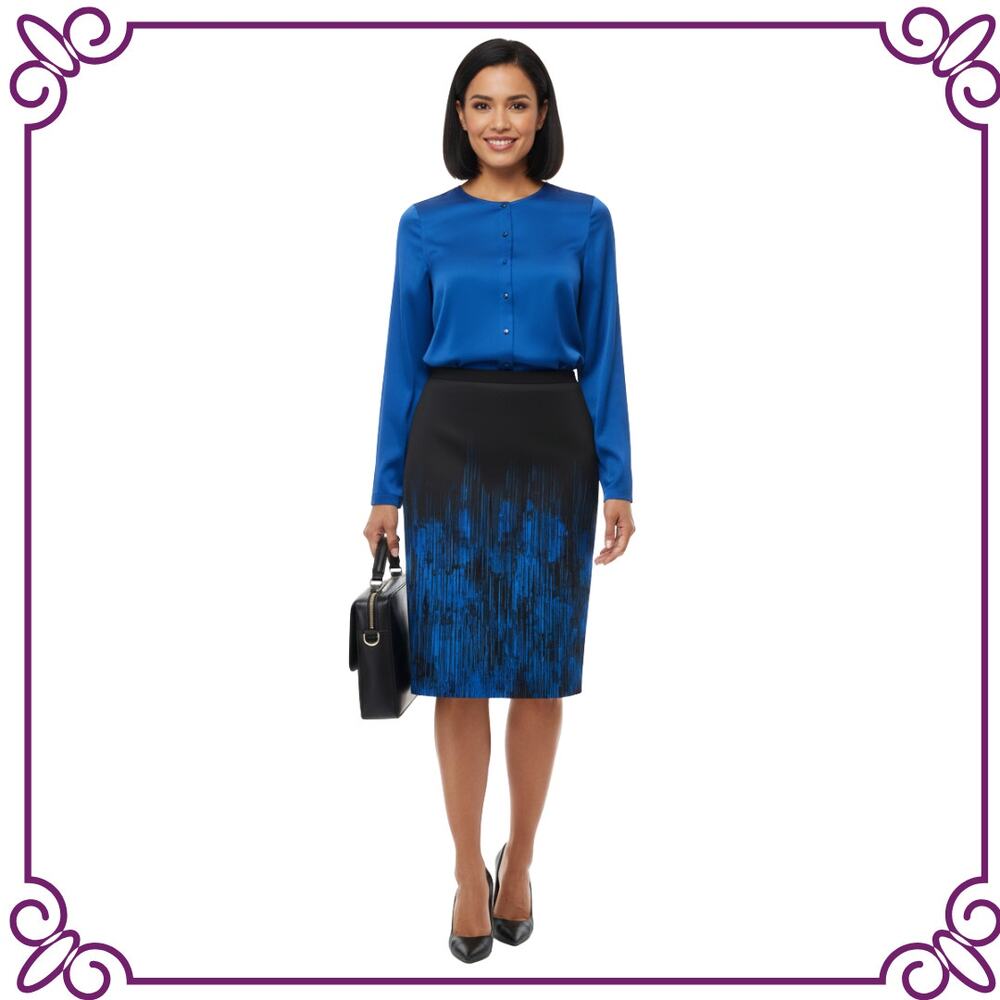 T Tahari Blue & Black Knee Length Pencil Stretch Skirt Sz 8